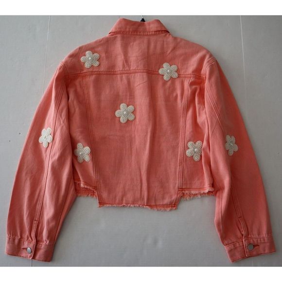 POL SMJ302A Women's Sz Medium Neon Papaya Beaded Pearl Daisy Denim Jacket - Picture 9 of 10